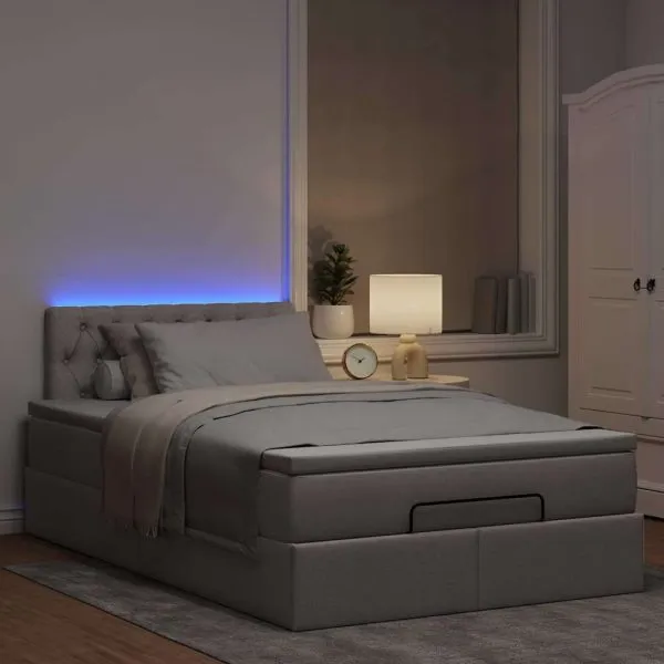 Pat otoman cu saltea și LED-uri, gri taupe, 120x190cm, textil