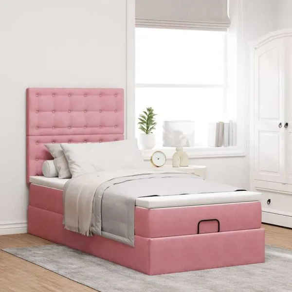 Cadru de pat otoman cu saltele, catifea roz 90x190cm