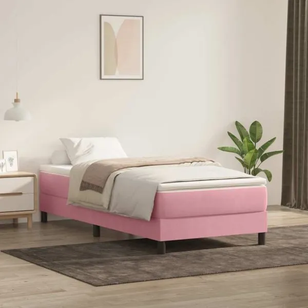 Pat cu arcuri fără saltea roz 90×210 cm catifea