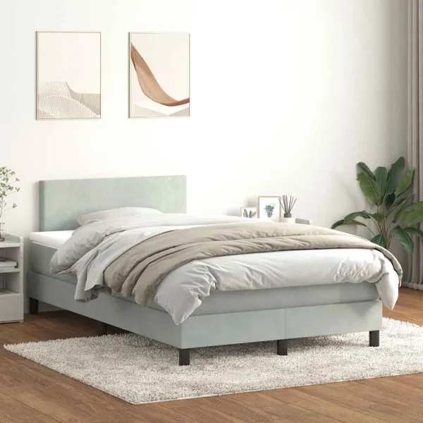 Pat continental cu saltea, gri deschis, 120×210 cm, catifea