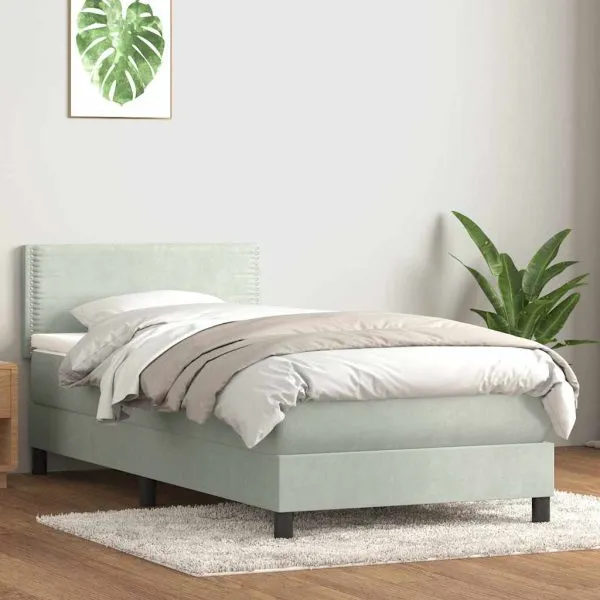 Pat box spring cu saltea, gri deschis, 100×220 cm, catifea