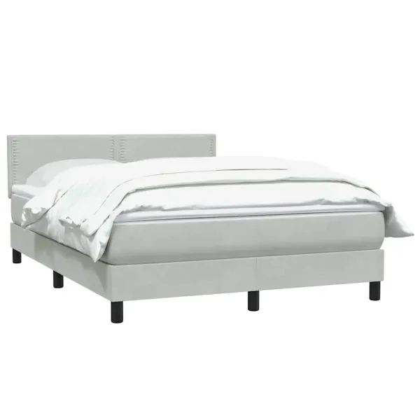 Pat box spring cu saltea, gri deschis, 140×220 cm, catifea