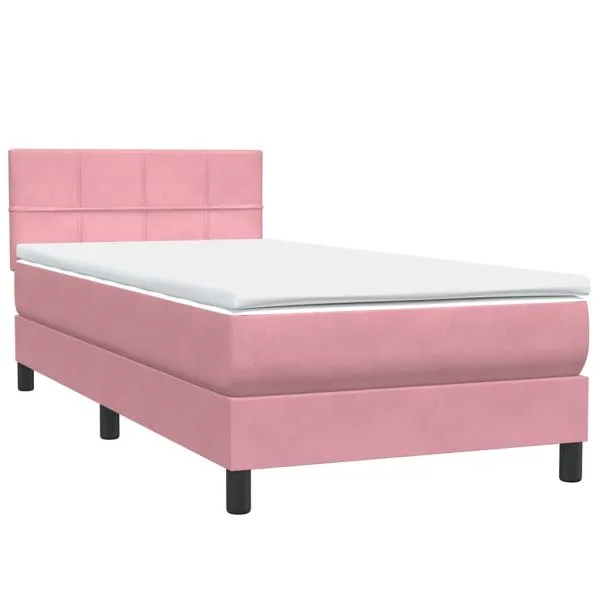 Pat box spring cu saltea, roz, 90×220 cm, catifea