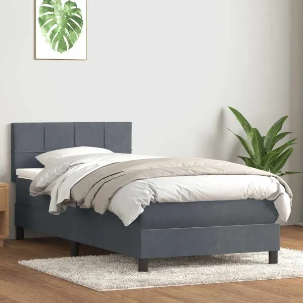 Pat box spring cu saltea, gri închis, 100×220 cm, catifea