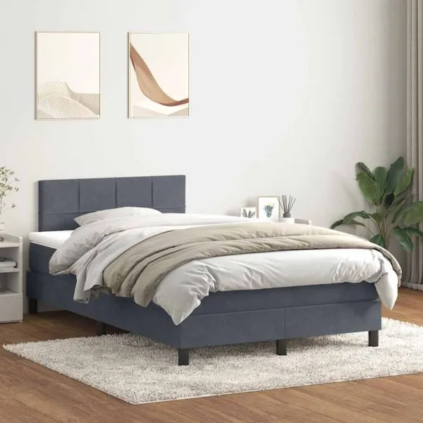 Pat box spring cu saltea, gri închis, 120×220 cm, catifea