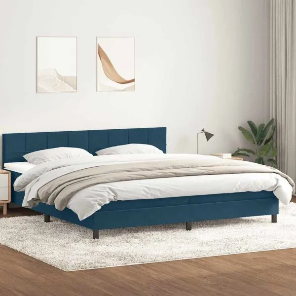 Pat box spring cu saltea, albastru închis, 180×220 cm, catifea