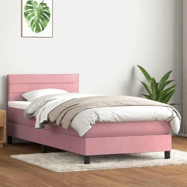 Pat box spring cu saltea, roz, 80×210 cm, catifea