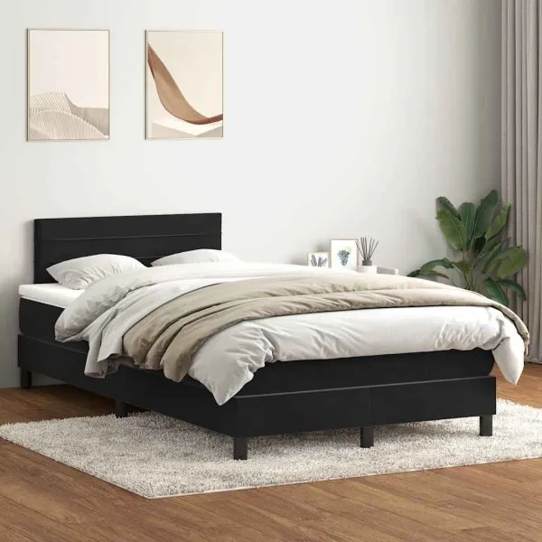 Pat box spring cu saltea, negru, 120×210 cm, catifea