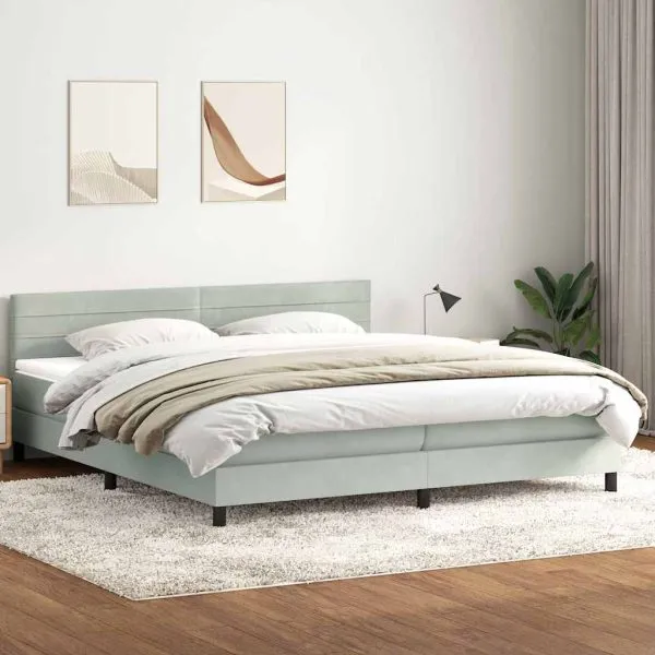 Pat continental cu saltea, gri deschis, 180×210 cm, catifea
