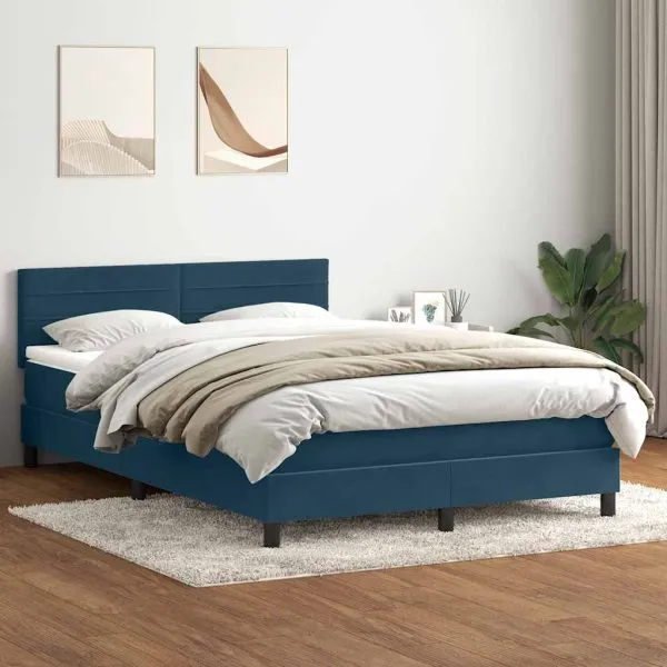 Pat box spring cu saltea, albastru închis, 140×220 cm, catifea