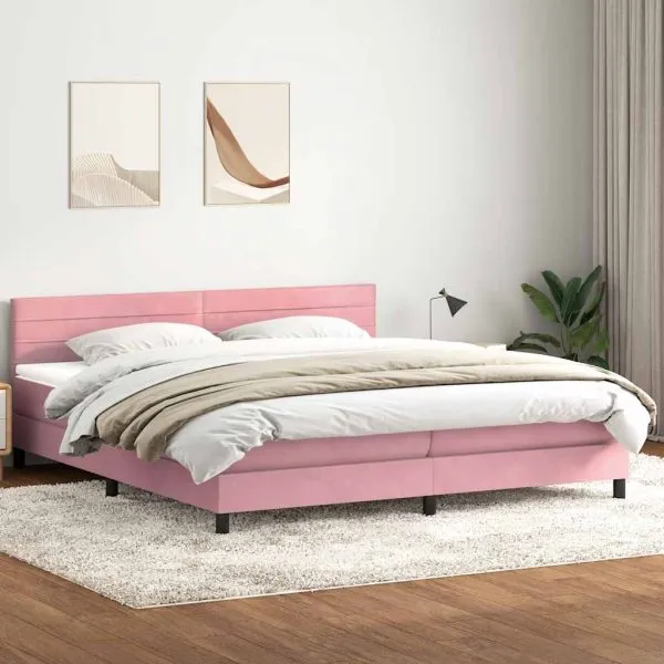 Pat box spring cu saltea, roz, 200×220 cm, catifea