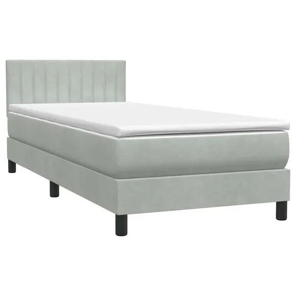 Pat box spring cu saltea, gri deschis, 90×210 cm, catifea
