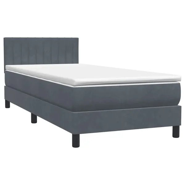 Pat box spring cu saltea, gri închis, 90×220 cm, catifea