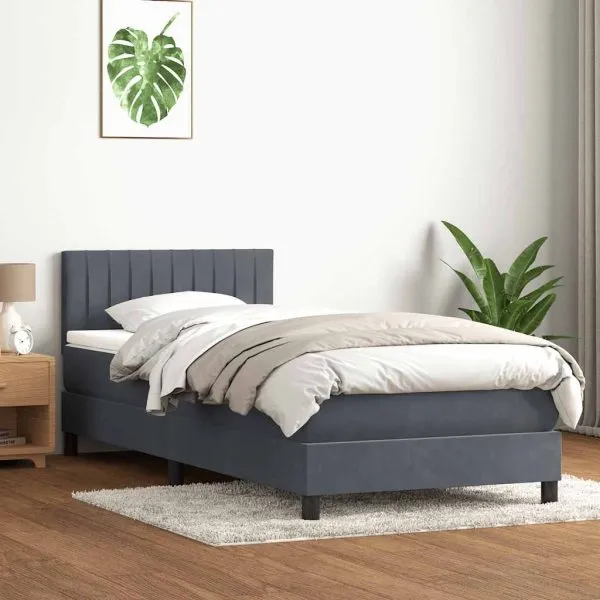 Pat box spring cu saltea, gri închis, 90×220 cm, catifea