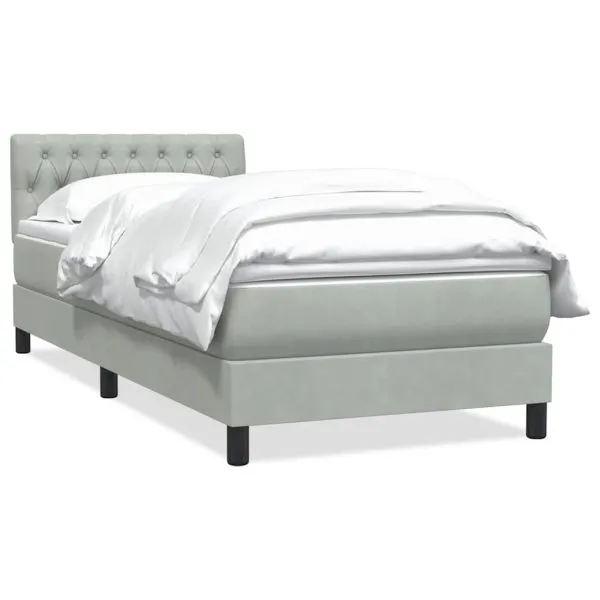 Pat box spring cu saltea, gri deschis, 90×210 cm, catifea