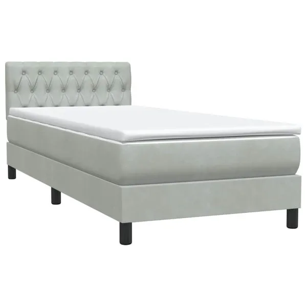 Pat box spring cu saltea, gri deschis, 90×210 cm, catifea