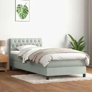 Pat box spring cu saltea, gri deschis, 90×210 cm, catifea