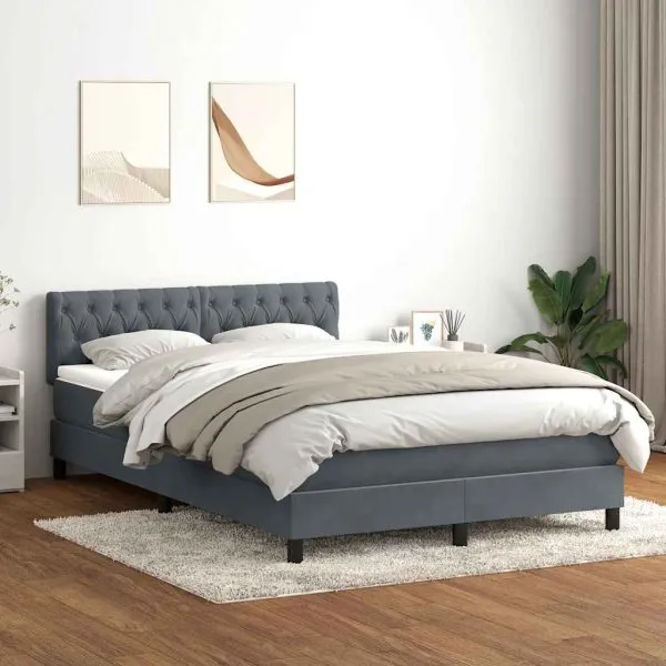 Pat box spring cu saltea, gri închis, 140×210 cm, catifea