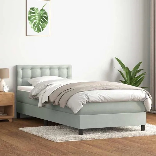 Pat box spring cu saltea, gri deschis, 90×210 cm, catifea