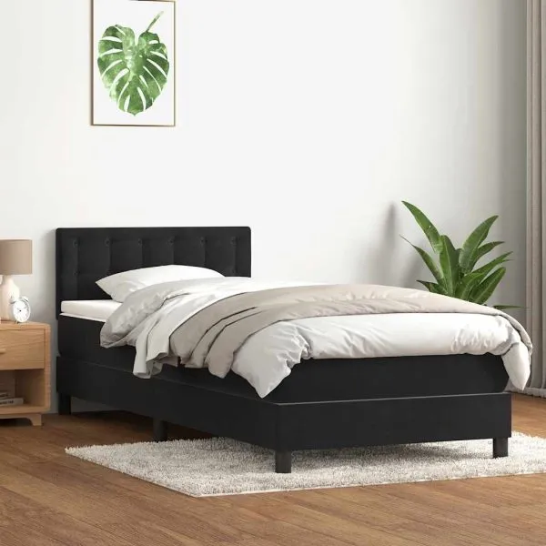 Pat box spring cu saltea, negru, 90×210 cm, catifea