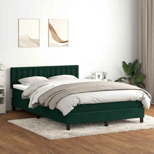 Pat box spring cu saltea, Verde închis, 140×210 cm, catifea