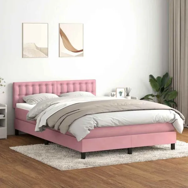 Pat box spring cu saltea, roz, 160×210 cm, catifea