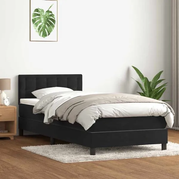 Pat box spring cu saltea, negru, 100×220 cm, catifea
