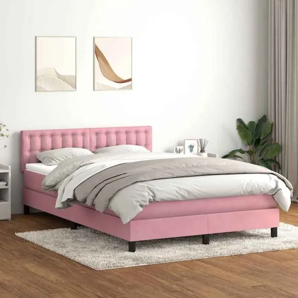 Pat box spring cu saltea, roz, 140×220 cm, catifea