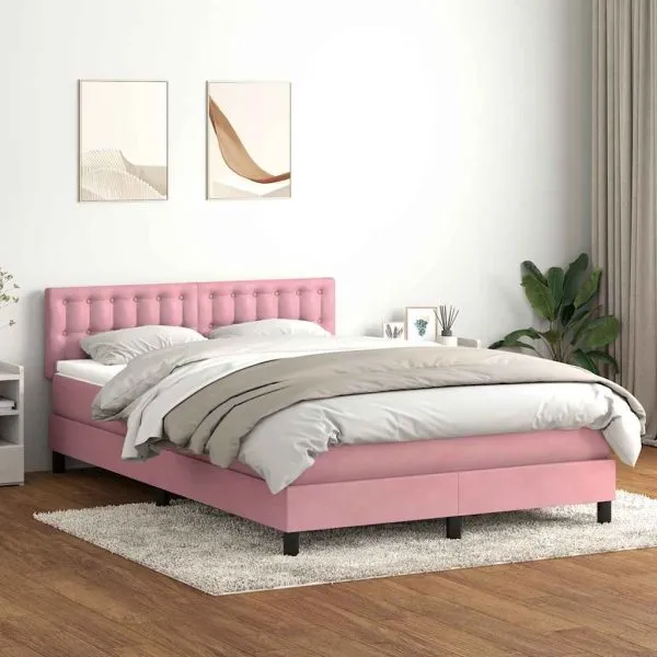 Pat box spring cu saltea, roz, 160×220 cm, catifea