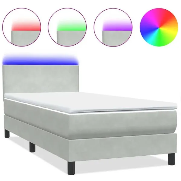 Pat box spring cu saltea, gri deschis, 80×210 cm, catifea