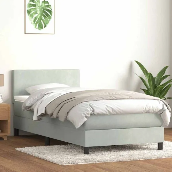 Pat box spring cu saltea, gri deschis, 80×210 cm, catifea