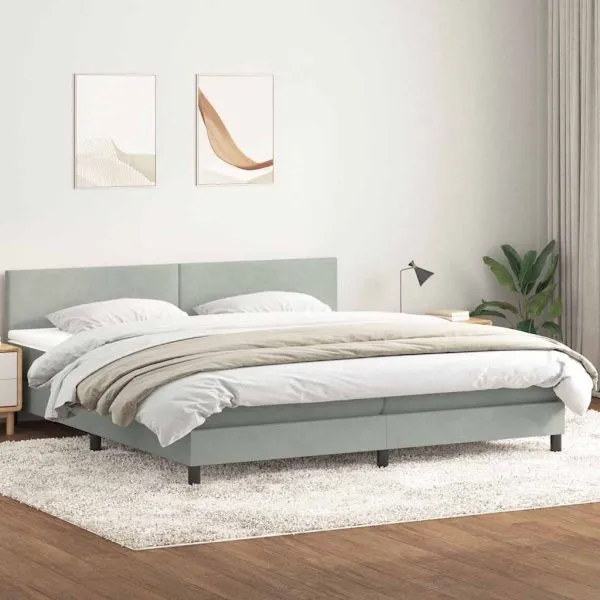Pat continental cu saltea, gri deschis, 180×210 cm, catifea