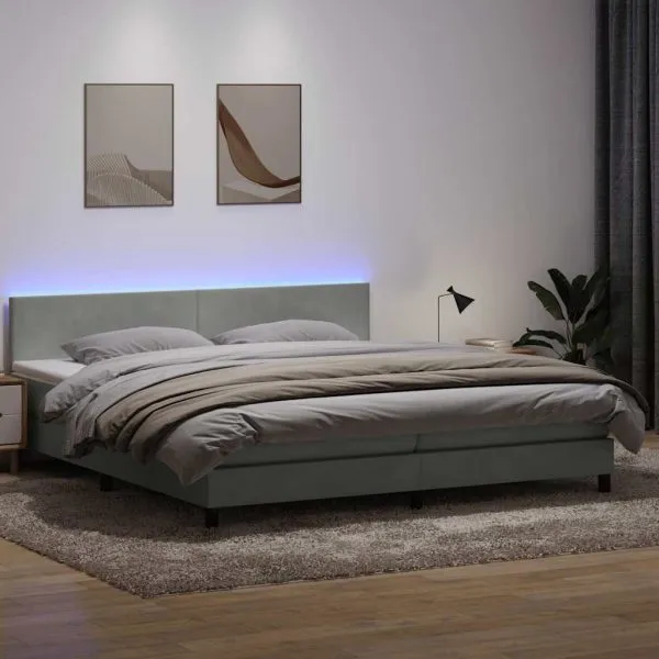 Pat continental cu saltea, gri deschis, 180×210 cm, catifea