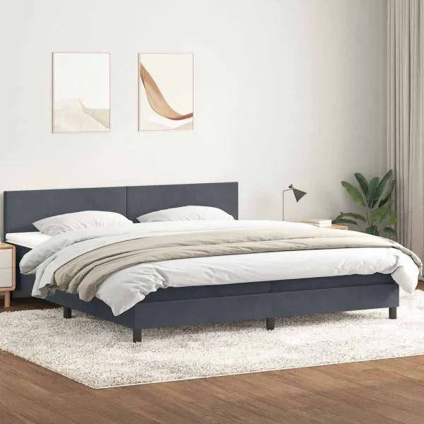 Pat box spring cu saltea, gri închis, 200×210 cm, catifea