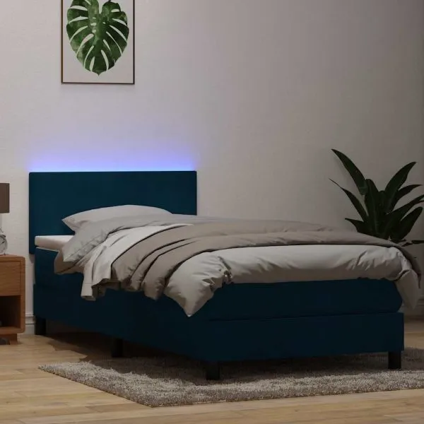 Pat box spring cu saltea, albastru închis, 80×220 cm, catifea