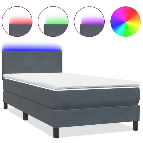 Pat box spring cu saltea, gri închis, 90×220 cm, catifea