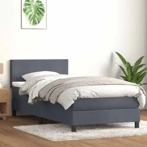 Pat box spring cu saltea, gri închis, 90×220 cm, catifea
