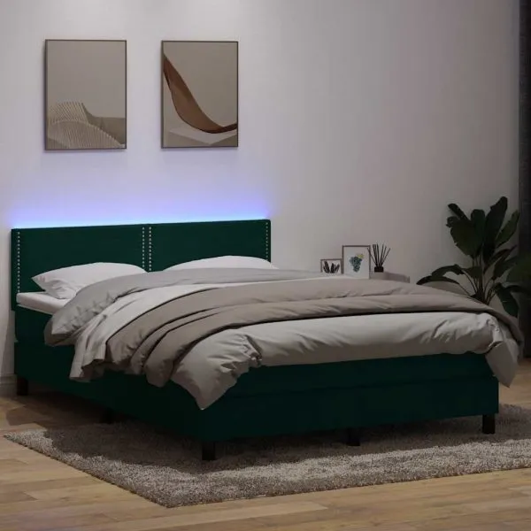 Pat box spring cu saltea, Verde închis, 140×210 cm, catifea