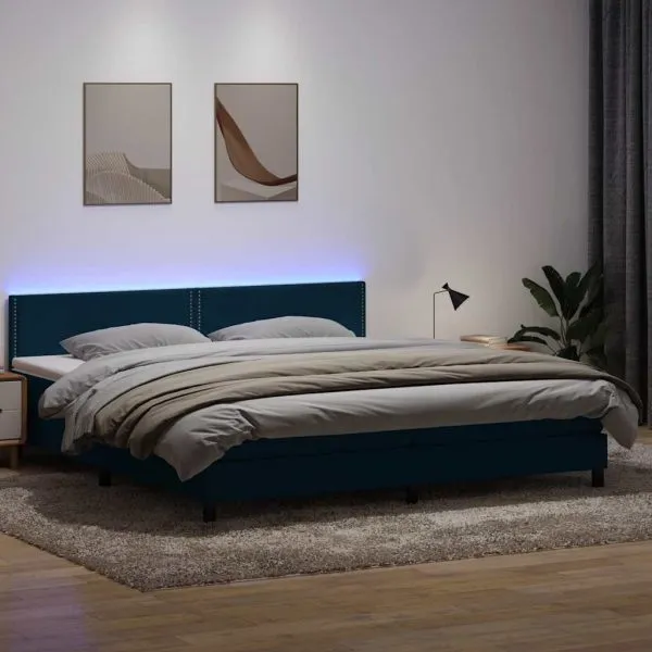 Pat box spring cu saltea, albastru închis, 200×210 cm, catifea