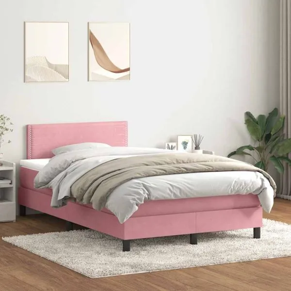 Pat box spring cu saltea, roz, 120×220 cm, catifea