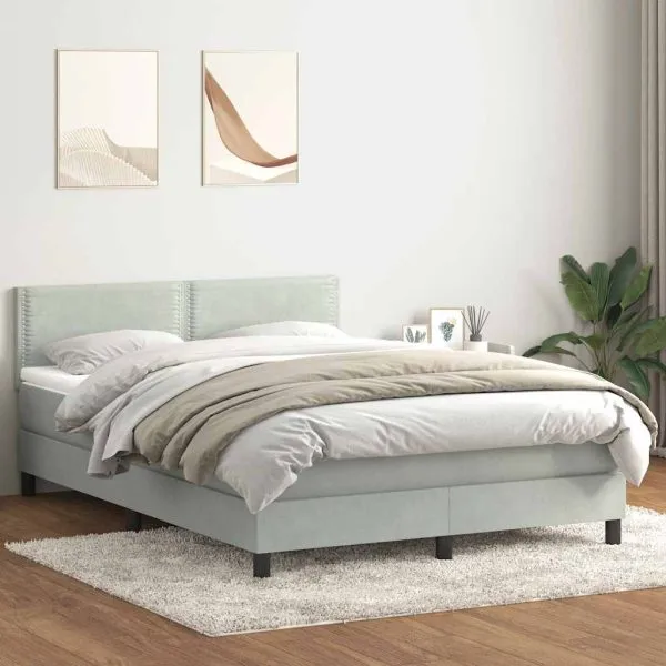 Pat box spring cu saltea, gri deschis, 160×220 cm, catifea