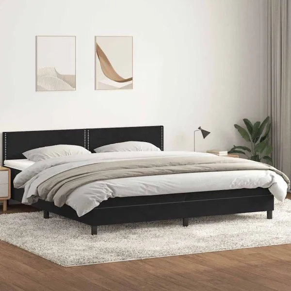 Pat box spring cu saltea, negru, 180×220 cm, catifea