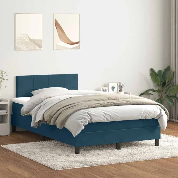 Pat box spring cu saltea, albastru închis, 120×210 cm, catifea