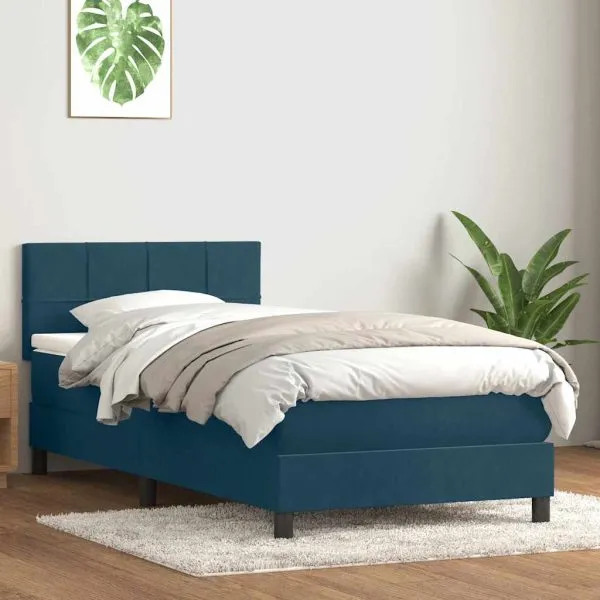 Pat box spring cu saltea, albastru închis, 100×220 cm, catifea