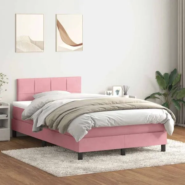 Pat box spring cu saltea, roz, 120×220 cm, catifea