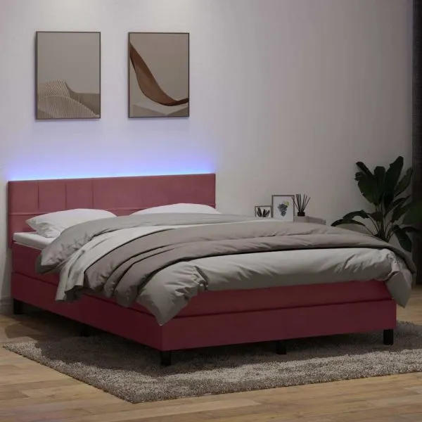 Pat box spring cu saltea, roz, 160×220 cm, catifea