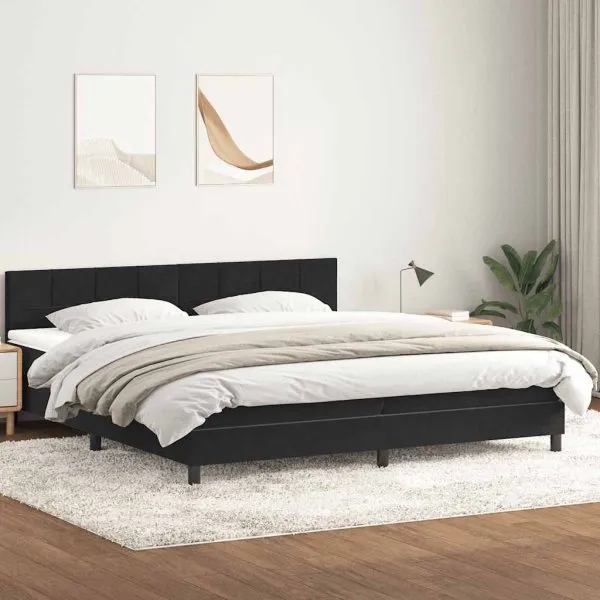 Pat box spring cu saltea, negru, 200×220 cm, catifea