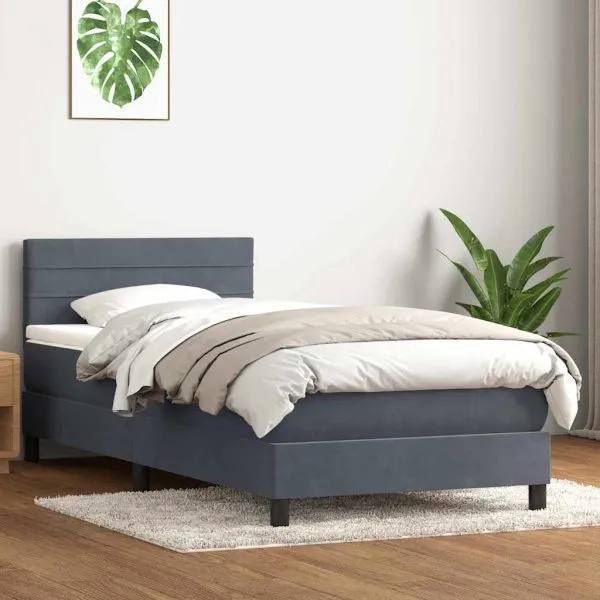 Pat box spring cu saltea, gri închis, 80×210 cm, catifea