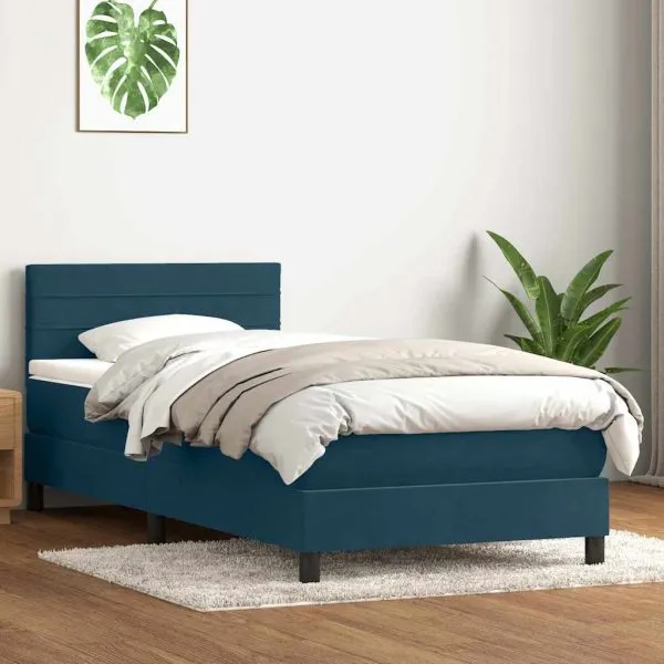 Pat box spring cu saltea, albastru închis, 90×210 cm, catifea