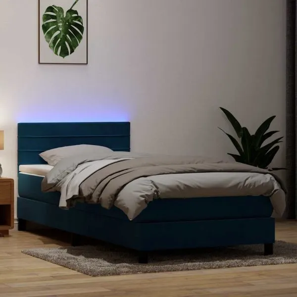 Pat box spring cu saltea, albastru închis, 90×210 cm, catifea
